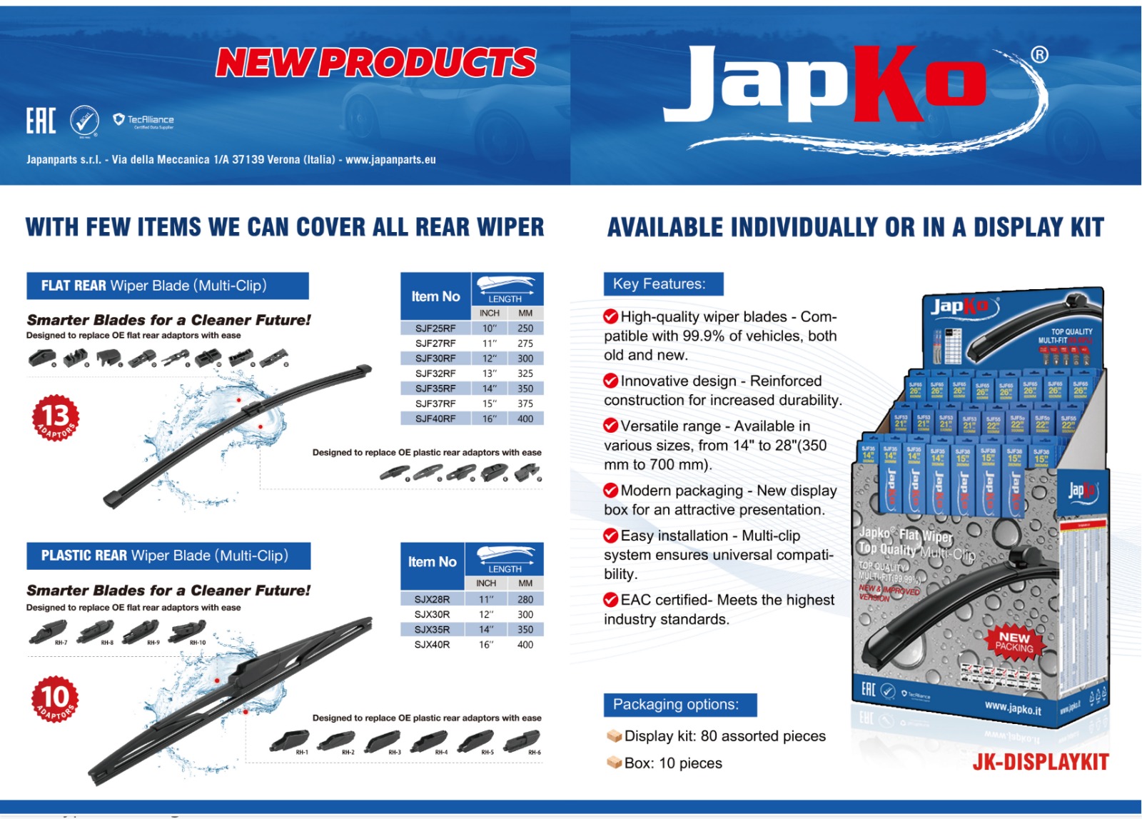 New flat and plastic rear multi-clip wiper blades, and new flat wiper blades display kit