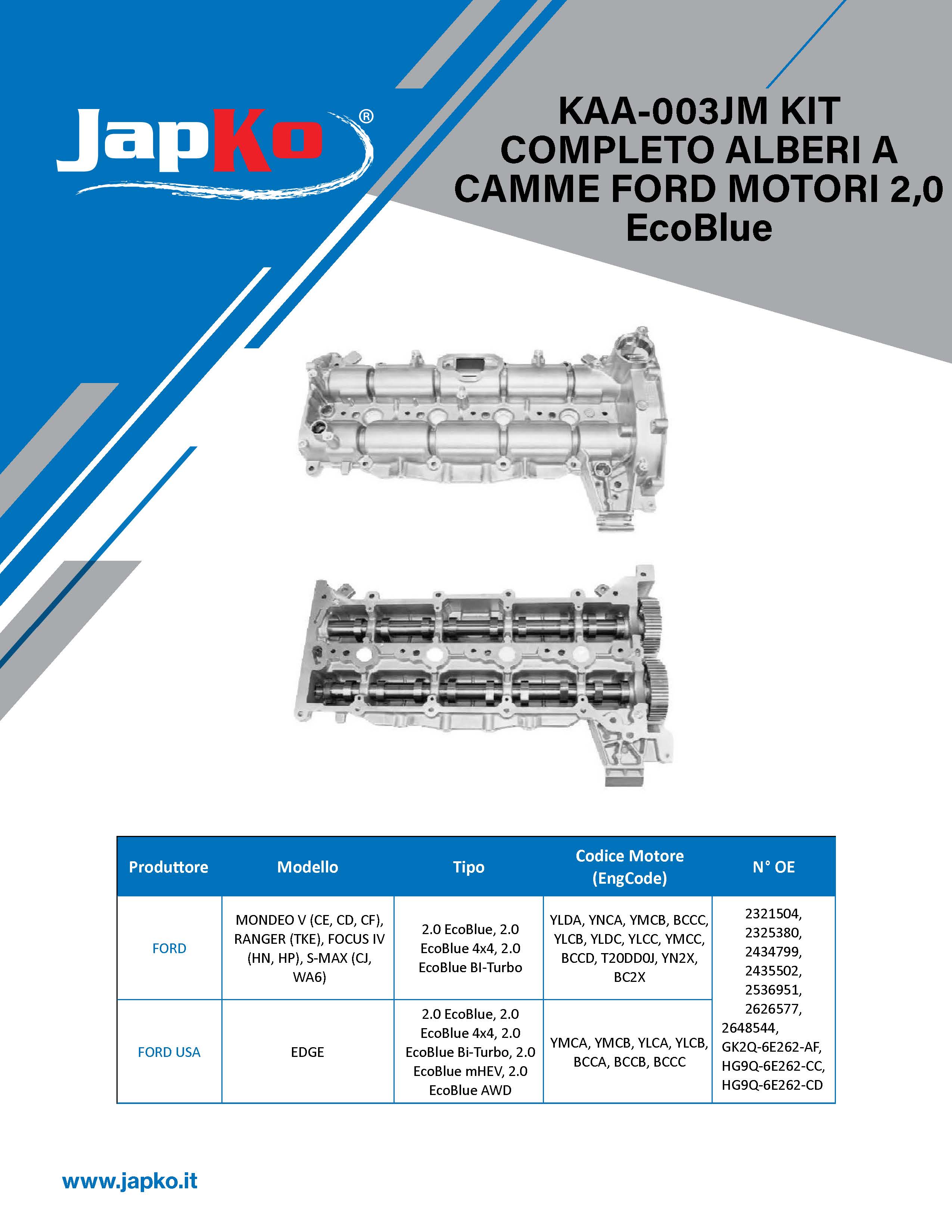 Kit completo alberi a camme per motori Ford 2,0 EcoBlue.